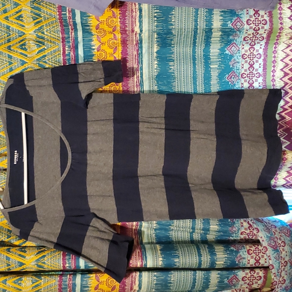 Express Rugby Stripe tee, L, Navy & Grey